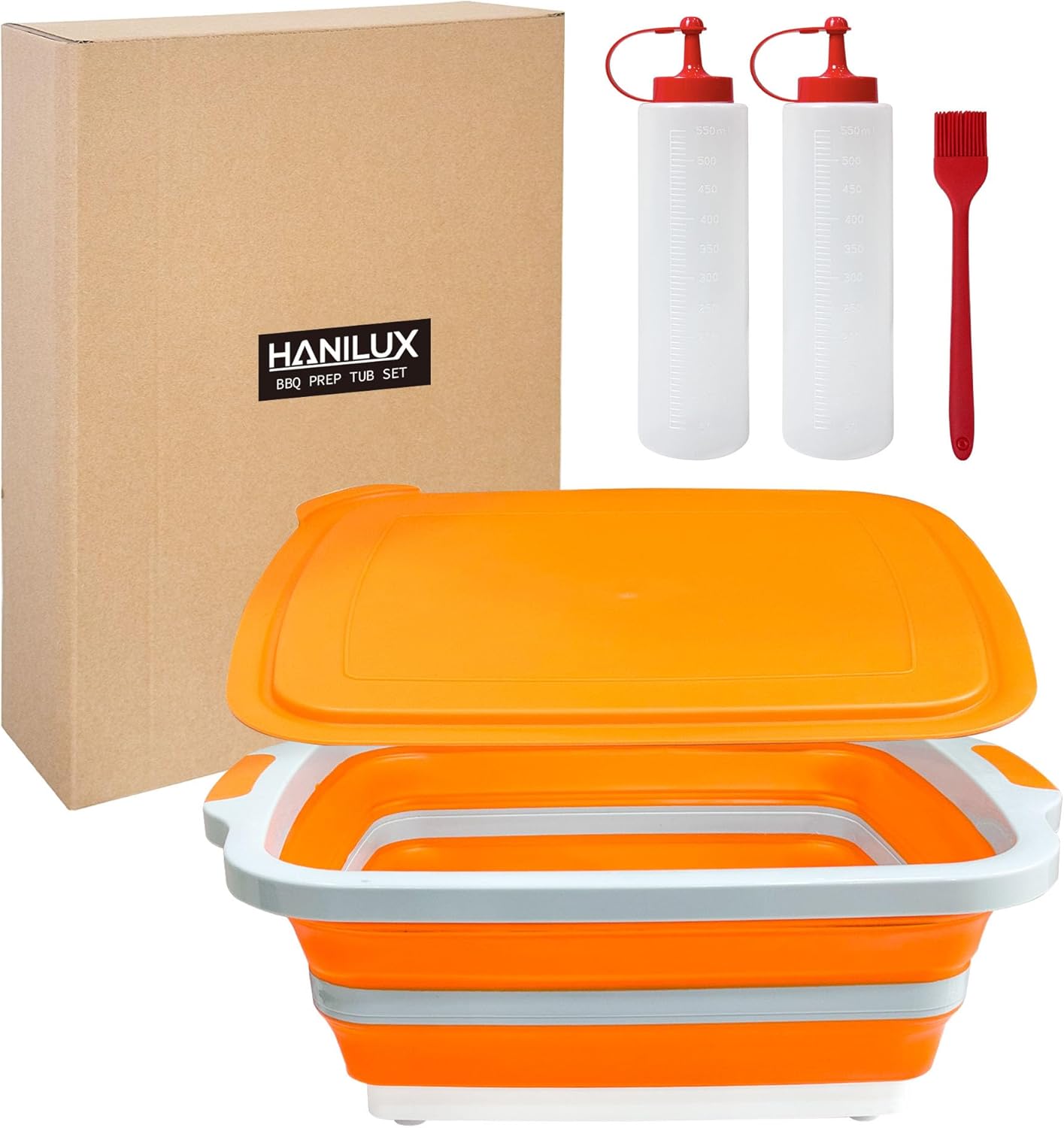 Collapsible BBQ Prep Tub, Meal Prep, Marinating Food Container, W/Cutting Board, Multi-Function Grill Caddy W/Colander & Lid, 8L Tub With/2 Squeeze Bottles1 Silicone Brush for Picnic- Camping-