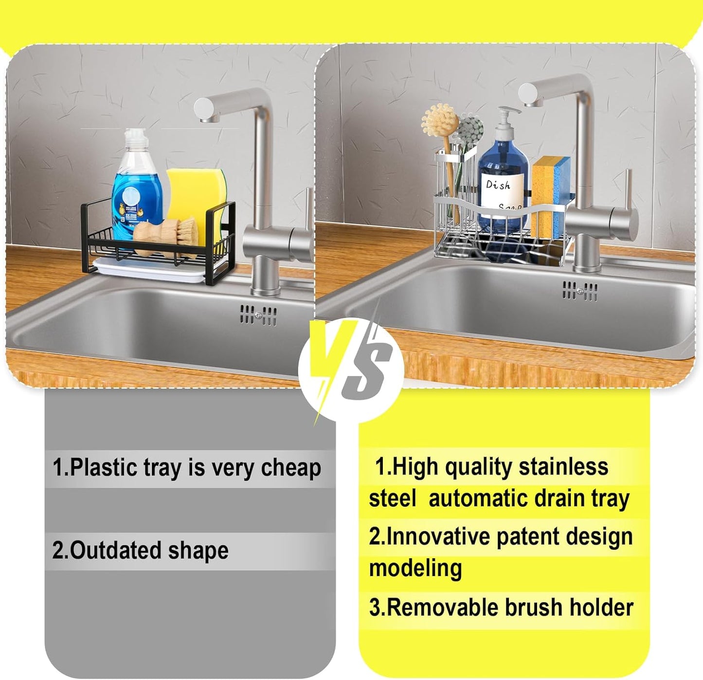 Fssvcd Maifan Sink Caddy Sponge Holder for Kitchen with Brush Holder and Stainless Steel Self Drain Tray, Rustproof Kitchen Sink Organizer for Sponge, Soap Dispenser Storage Accessories