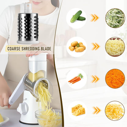Rotary Cheese Grater, Hand Kitchen Crank Shredder Speed Mandolin Slicer Nuts Grinder with Handle and Drum Blades for Fresh Cheese, Vegetable, Fruit, Nuts, Non-slip Suction Base, 3 Blades