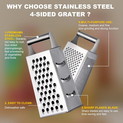 Rainbow Cheese Grater Handheld Grater for Kitchen, Stainless Steel 4 Sided Cheese Grater with Handle for Grinding Shredding & Slicing, Dishwasher Safe
