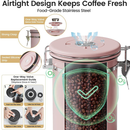 Veken Coffee Canister with Window,Airtight Stainless Steel Pantry Container,Home Kitchen Food Storage Organizers for Ground,Beans,Espresso,Rice,Tea,Sugar,Cereal, Decor,Bar Accessories,Gifts,22OZ,Black