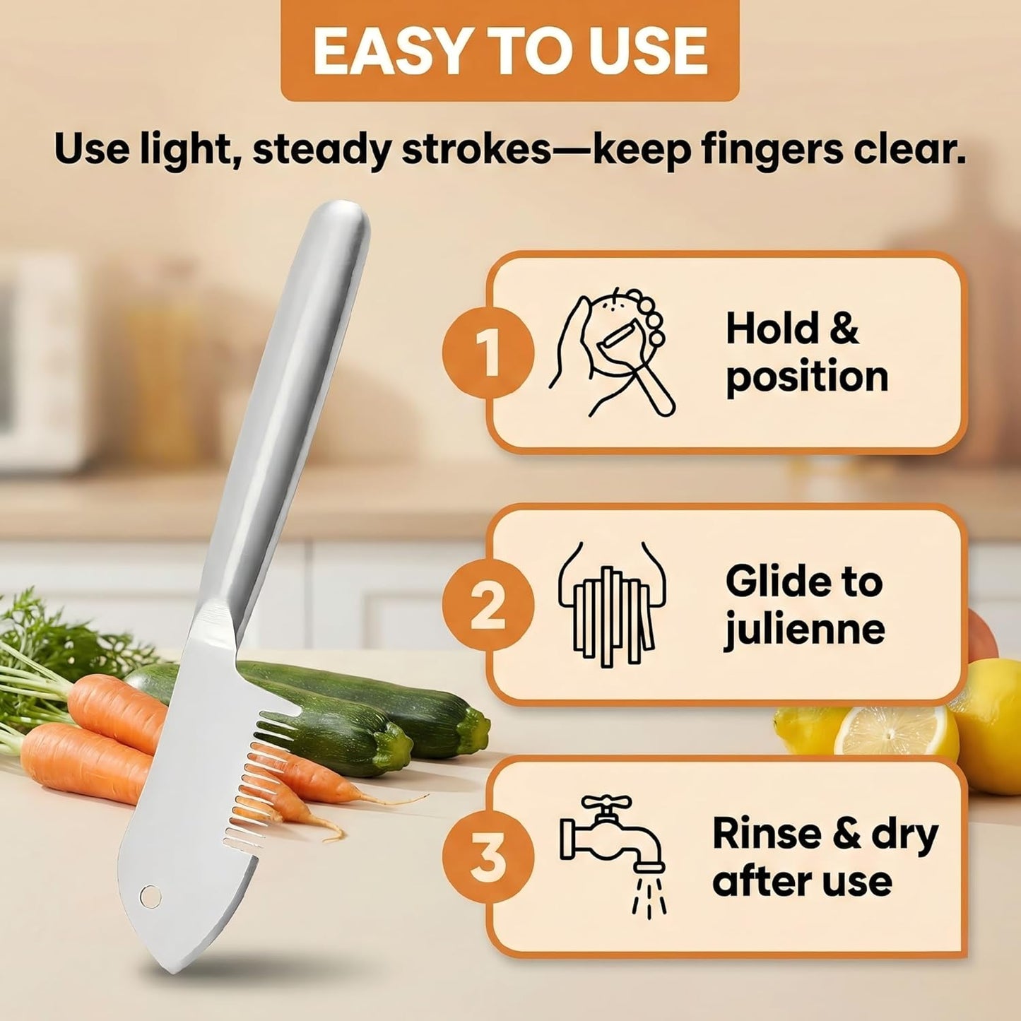 Julienne Peeler, Stainless Steel Vegetable Julienne Slicer with Precision Blade, Ergonomic Handle, Hanging Hole, Easy Clean Shredder Tool for Carrot, Potato, Cucumber, Zucchini, Fruit (1)