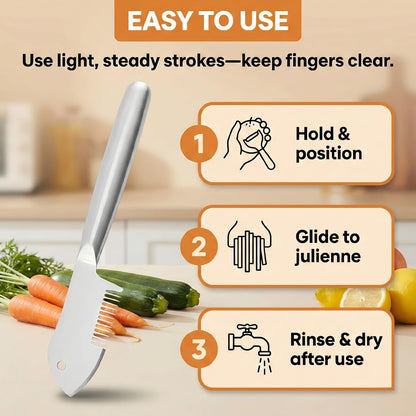 Julienne Peeler, Stainless Steel Vegetable Julienne Slicer with Precision Blade, Ergonomic Handle, Hanging Hole, Easy Clean Shredder Tool for Carrot, Potato, Cucumber, Zucchini, Fruit (1)