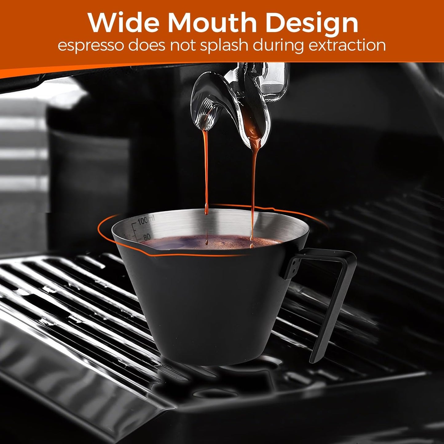 YARRAMATE 2 Pcs Espresso Cups with Handle, Stainless Steel Espresso Accessories, Double Spout Metal Measuring Cup with Dual Scale, Espresso Shot cup with V-Shaped Mouth, 3.4OZ/100ML(Silver)