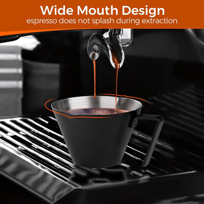 YARRAMATE 2 Pcs Espresso Cups with Handle, Stainless Steel Espresso Accessories, Double Spout Metal Measuring Cup with Dual Scale, Espresso Shot cup with V-Shaped Mouth, 3.4OZ/100ML(Silver)