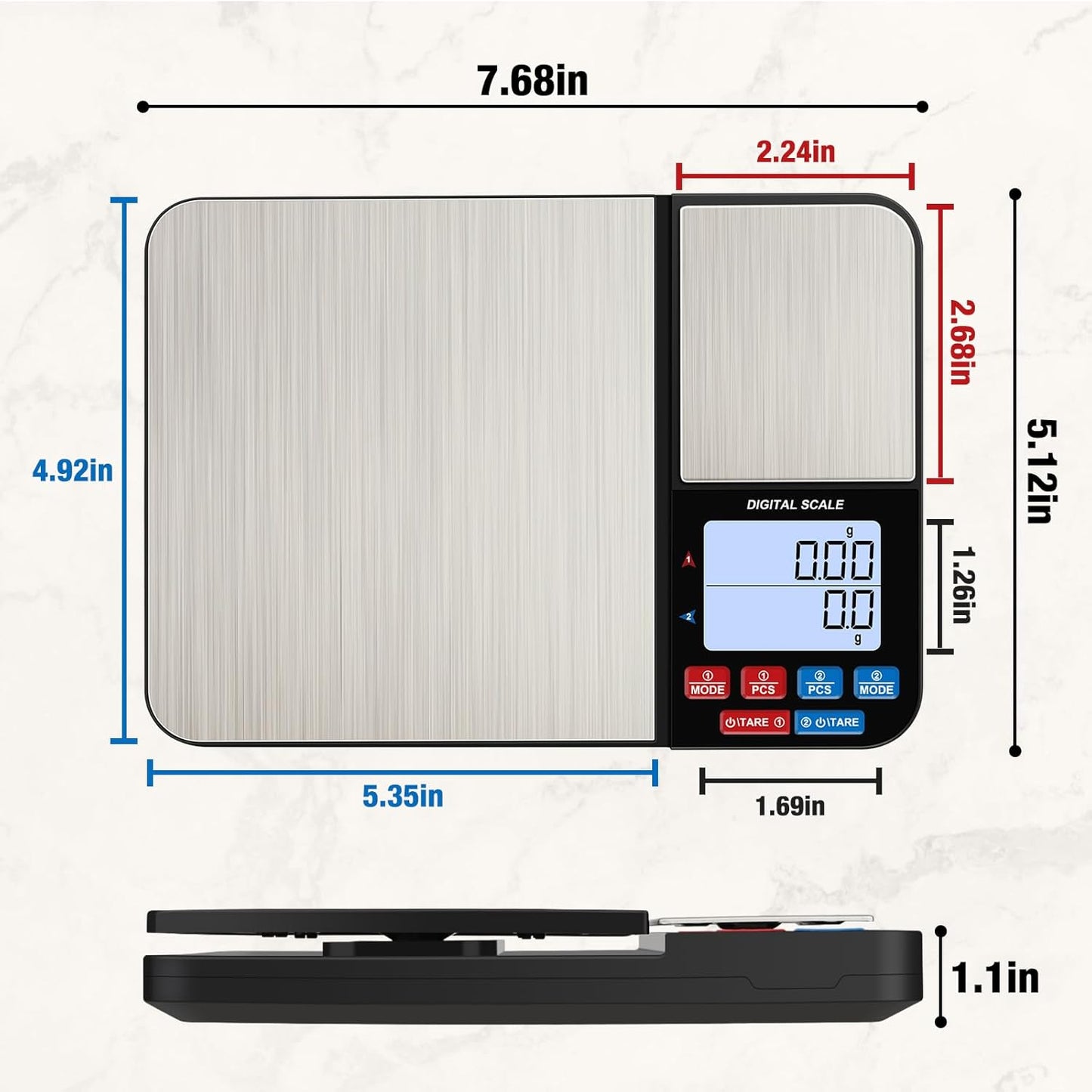 33lb Digital Kitchen Scale Large Weighing Area (9 in), Diyife Professional Electronic Food Scale, Stainless Steel Household Scale, Touch Control, LCD Display, Hangable, 6 Units, Tare, with Batteries