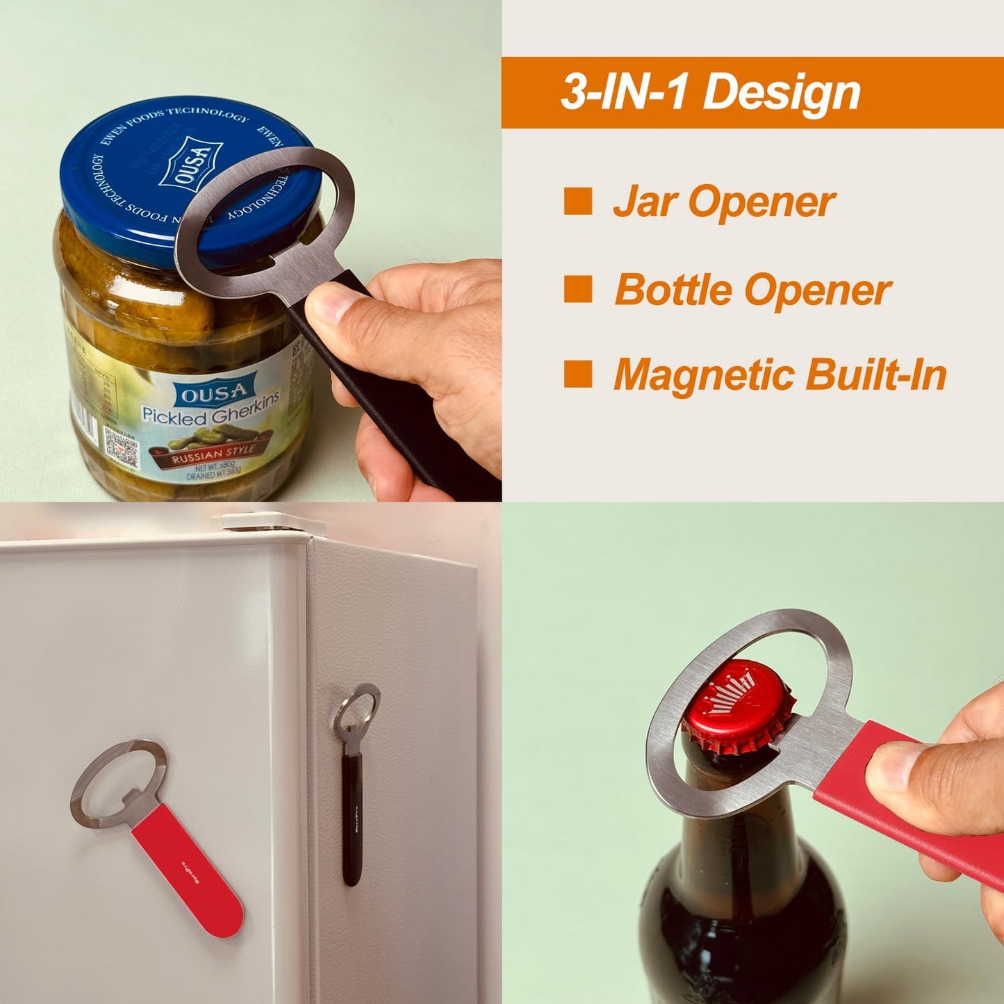 Magnetic Jar Opener Gripper, Jar Openers Top Rated For Seniors Weak Hands, Bottle Opener Built-In, 2-IN-1 Jar & Bottle Opener x 1, Black, Rubber Jar Openers Gripper x 4