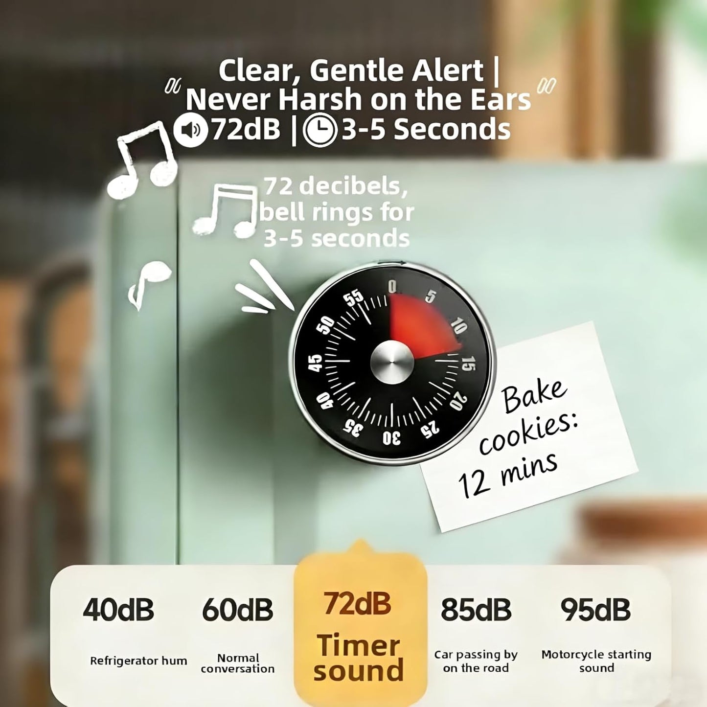 Kitchen Magnetic Visual Cooking Mechanical Timer with Loud Alarm, No Batteries Required, Stainless Steel, Countdown 60 Minute Wind Up Timer for Study, Chef, Teacher, Office (White)