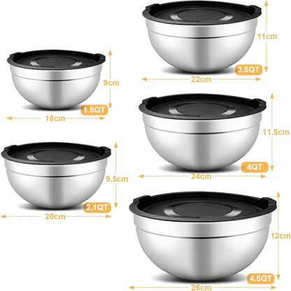 Hunnycook 7 Piece Mixing Bowls with Lids Set - Mixing Bowls Stainless Steel Bowls for Kitchen Baking, Size 0.7, 1.1, 1.5, 2.1, 3.5, 4, 4.5QT, Baking Bowl for Food Preparation, Mixing and Serving Foods