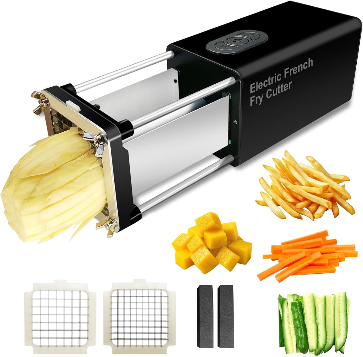 Electric French Fry Cutter, Commercial Automatic French Fry Cutter, Stainless Steel Potato Cutter with 1/2-Inch & 3/8-Inch Blade, Electric Potato Cut Machine for Restaurants & Home Kitchen