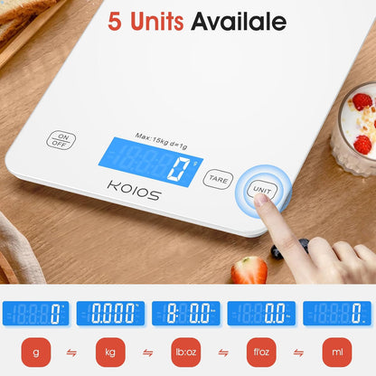 KOIOS Food Scale, 33lb/15kg Digital Kitchen Scale Weight in Grams and Ounces for Cooking Baking, 1g/0.1oz Precise Graduation, Batteries and Type-C Charging, Tare Function, LCD Display, Black