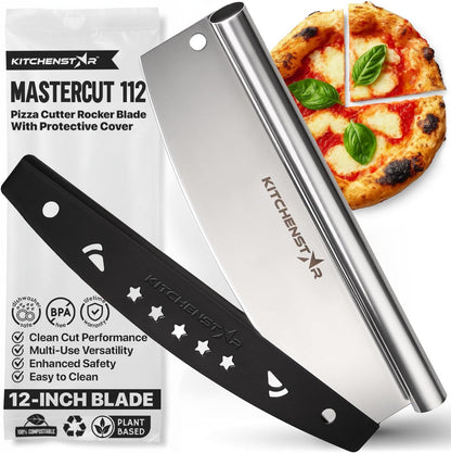 KitchenStar 14-Inch Pizza Cutter Rocker Blade - Sharp Stainless Steel Slicer Knife, Protective Cover, Dishwasher Safe, Large - Professional Pizza Oven Accessories
