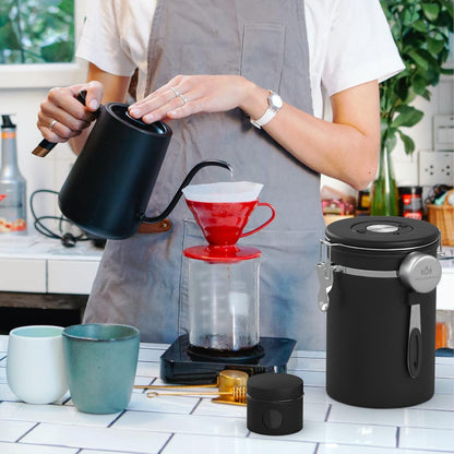 Coffee canister for ground coffee with Scoop Date Tracker One Way Co2 Valve 304 Stainless Steel Kitchen Food Airtight storage container for Coffee Beans,Grounds,Tea,Sugar (Black, 16oz)