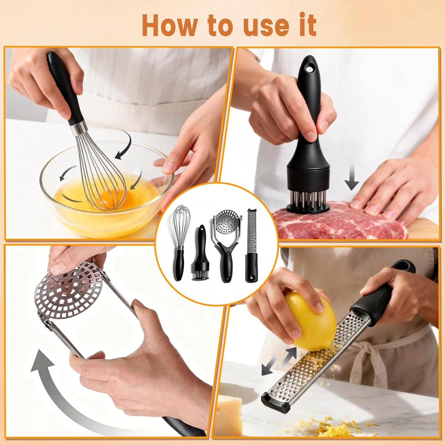 4-Piece Kitchen Gadget Set with Potato Masher, Balloon Whisk, Meat Tenderizer & Cheese Grater - Essential Prep Tools for Baking, Cooking & Meal Prep, Dishwasher Safe