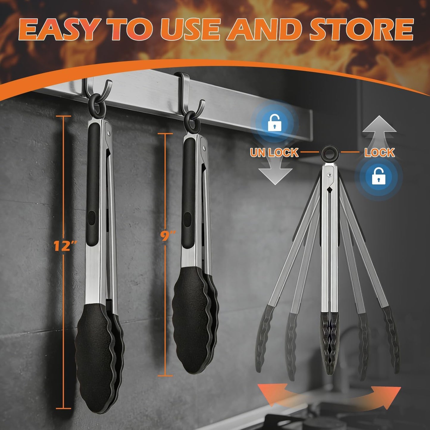 TACGEA Stainless Steel Kitchen Tongs with Silicone Tips, Locking Grilling Food Tongs, 7" 9" and 12", Set of 3 Black