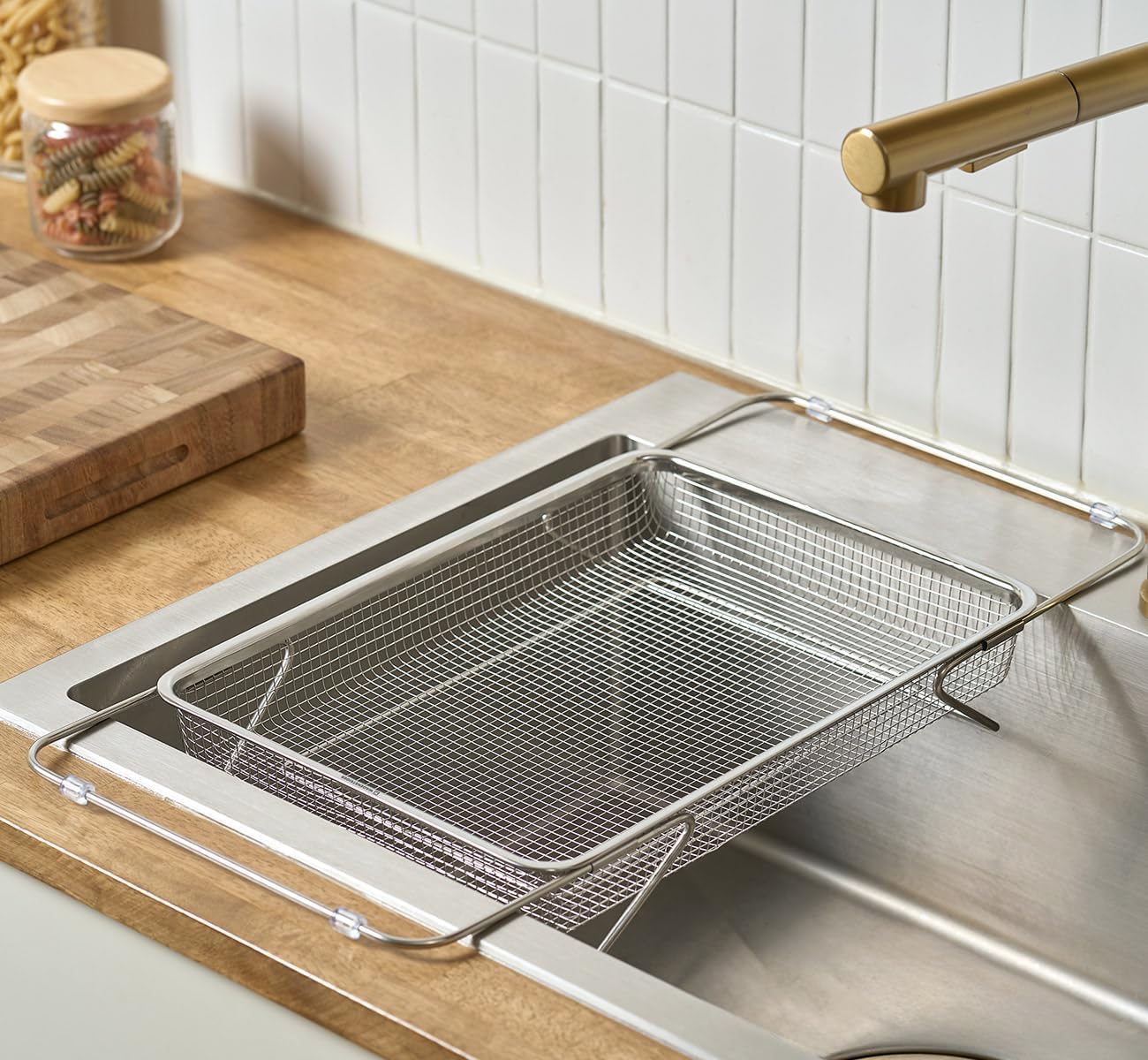 WAGENSTEIGER Extendable Dish Rack with Feet, Vegetable Colander Basket, Stainless Steel Dish or Silverware Drying Rack, Ultimate Kitchen Organizer Over the Sink (12.40 x 5.12 x 2.36 Inches)