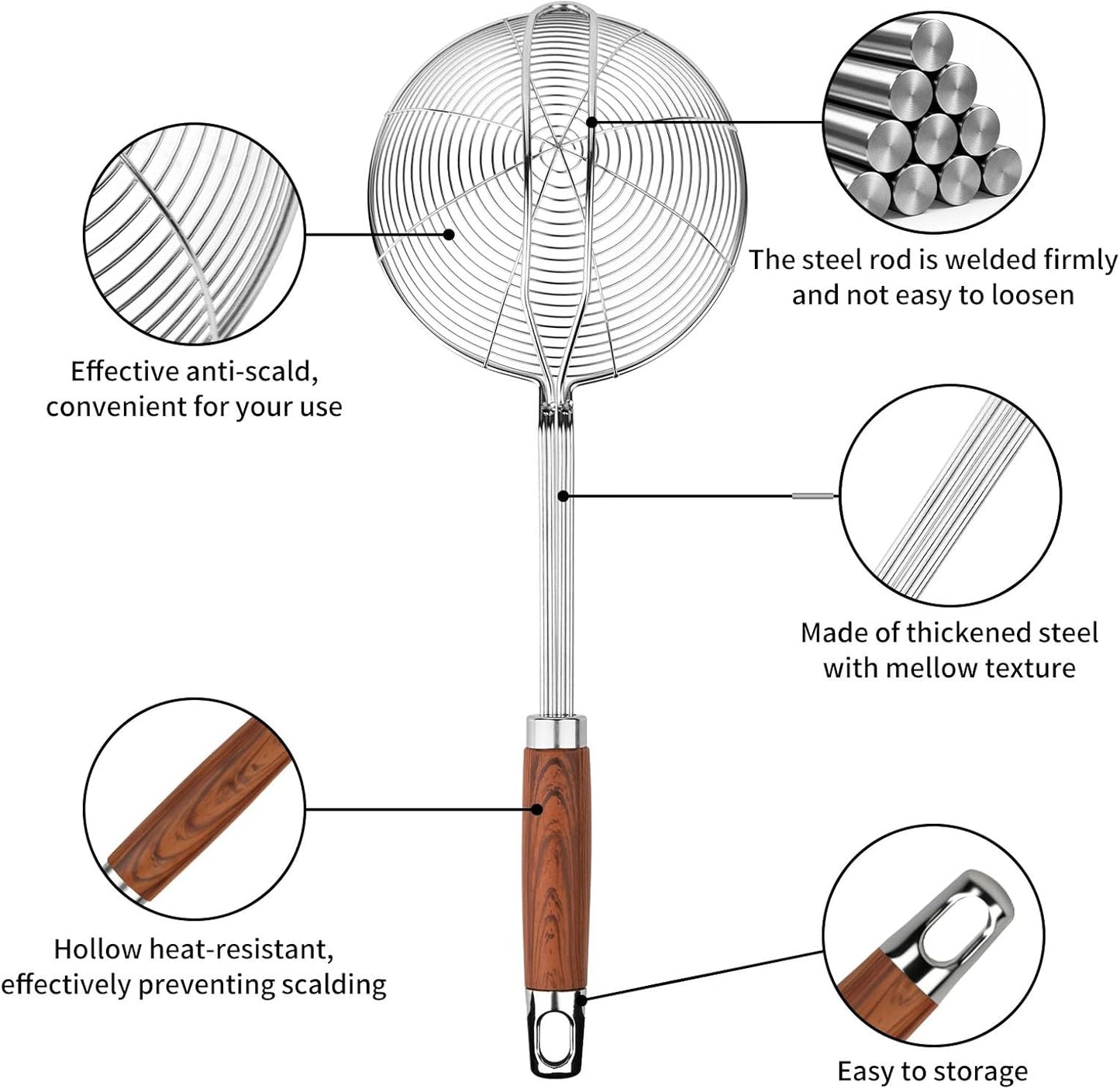 ChefBee 5.3" Spider Strainer Skimmer Spoon with Handle, Stainless Steel Wire Strainer Ladle for Cooking and Frying, Kitchen Utensils Slotted Pasta Spoon, Fryer Scoop