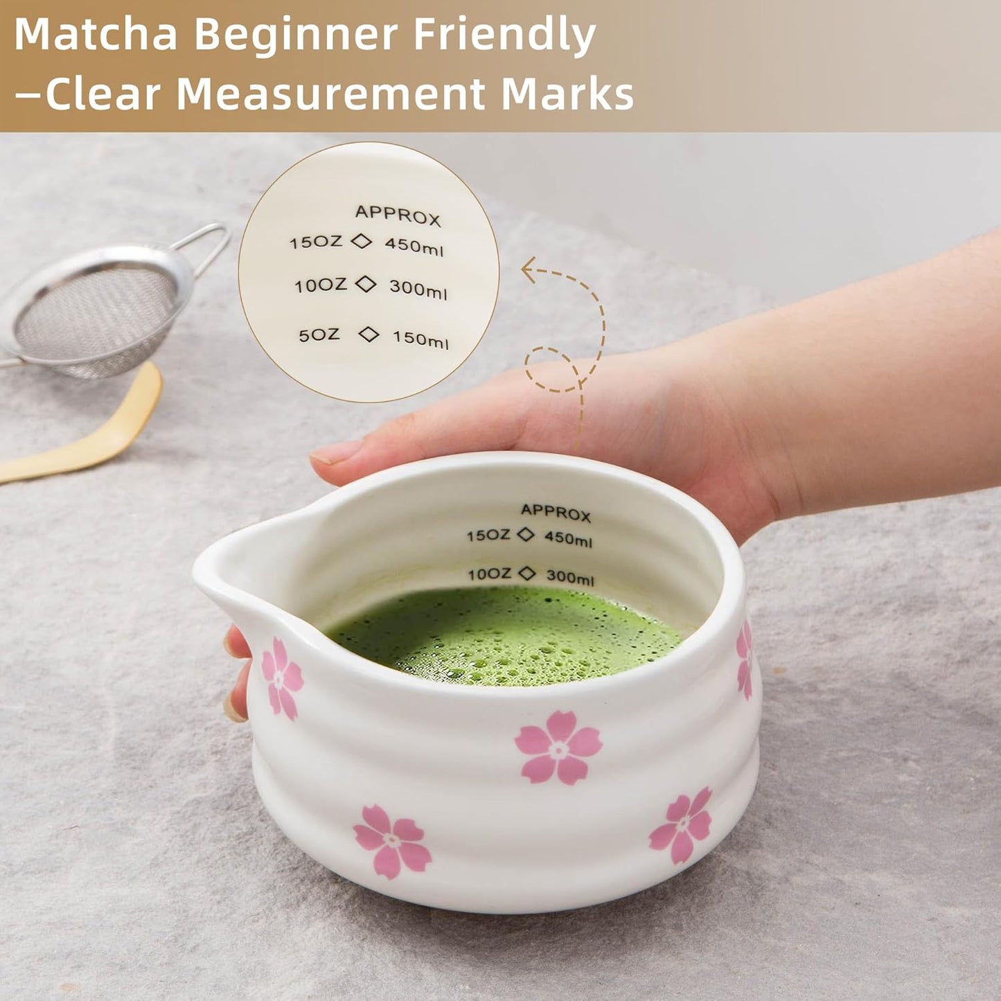 5pcs Premium Matcha Set,Ceramic Bowl with Spout and Bamboo Whisk set, Ceremonical Matcha Kit for breakfast/latte,Tea Starter Making Kit,Unique Matcha Gift set (pink love)