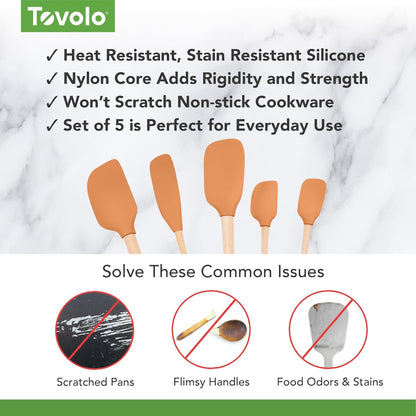 Tovolo Silicone Spatula with Wooden Handle Set of 5 Piece Silicone Kitchen Utensil Set Spoonula Jar Scraper Mini Spatula and Spoonula for Cooking Baking Mixing Folding Black Cookware Set