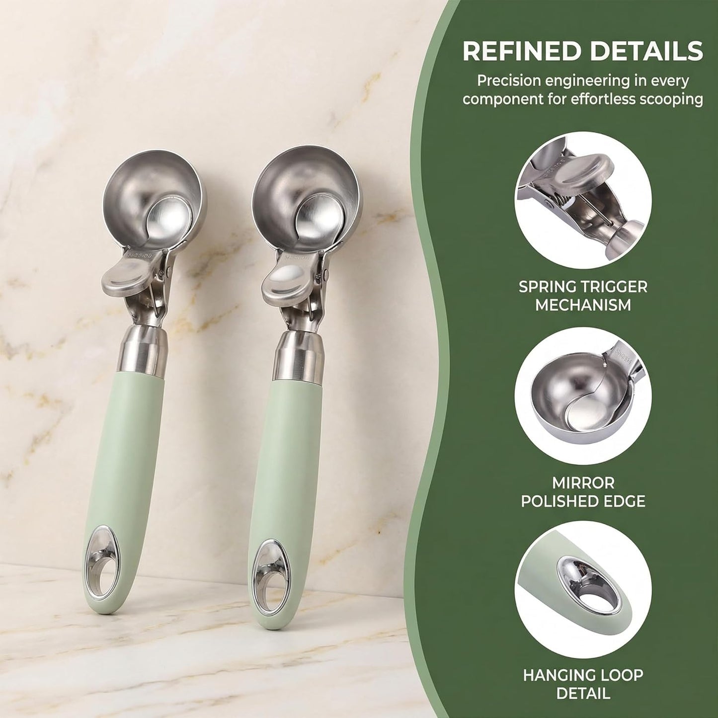 Set of 2 Stainless Steel Ice Cream Scoops - 1.85"x1.85" Deep Scoop with Spring-Loaded Release | Non-Stick Melon Baller for Fruits, Dessert & Cookie Dough