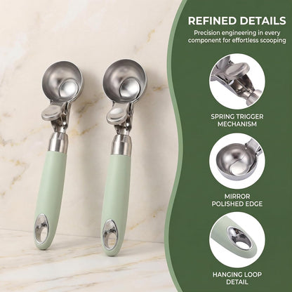 Set of 2 Stainless Steel Ice Cream Scoops - 1.85"x1.85" Deep Scoop with Spring-Loaded Release | Non-Stick Melon Baller for Fruits, Dessert & Cookie Dough
