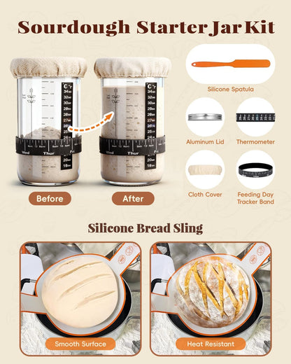 TAOMAND Complete Sourdough Starter Kit for Beginners & Manual | Sourdough Bread Baking Supplies with Round & Oval Banneton Bread Proofing Basket, Bread Sling, Starter Jar, Dough Whisk, Scrapers & Bag