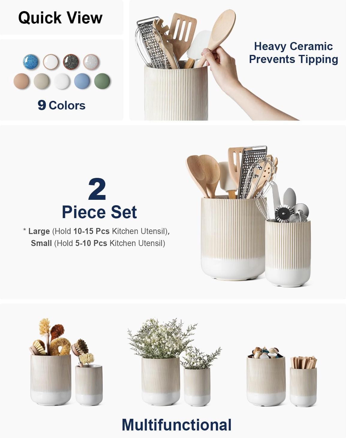LE TAUCI Utensil Holder for Kitchen Counter, 7.3"+5.4" Fluted Ceramic Utensil Crock Organizer for Countertop, Heavy Large Holder for Spatulas, Spoons, Set of 2, White, Kitchen Counter Decor