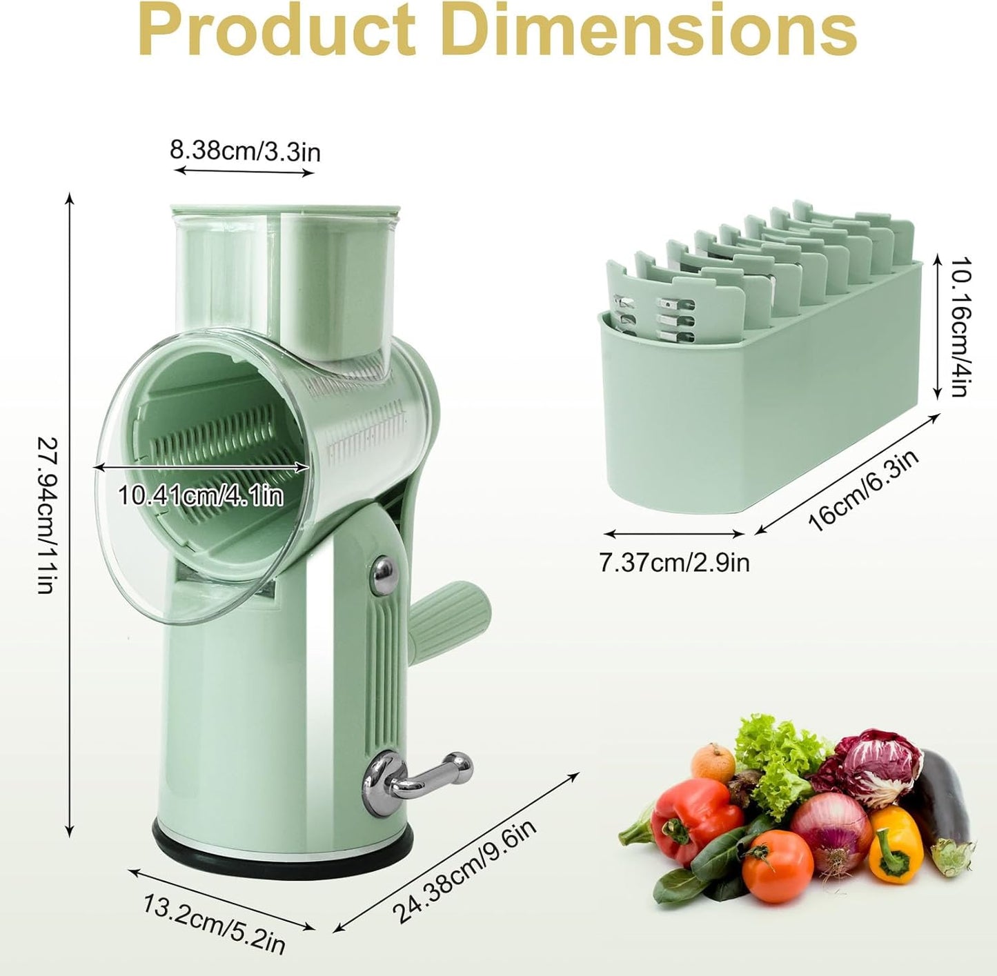 5 in 1 Cheese Grater with Rotary Hand Crank - Vegetable Chopper with Replaceable Stainless Blades, Strong Suction Base, Handle, Blade Storage Box, Easy-Clean Multipurpose Kitchen Slicer (Green)