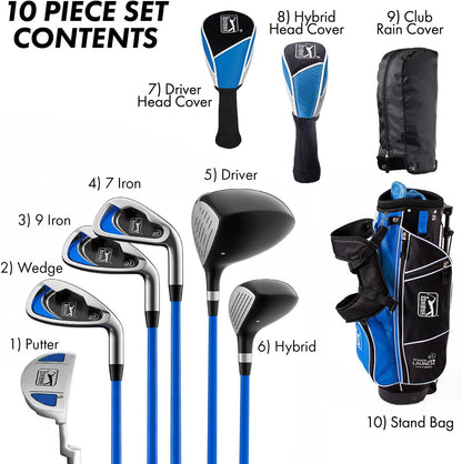 PGA Tour Youth Golf Club Set for Ages 8-12 & 12+ (4’8”–5’10”), Right and Left-Handed Kids Golf Sets – Beginner Junior Golf Clubs with Lightweight Stand Bag, Mallet Putter, Hybrid, Driver