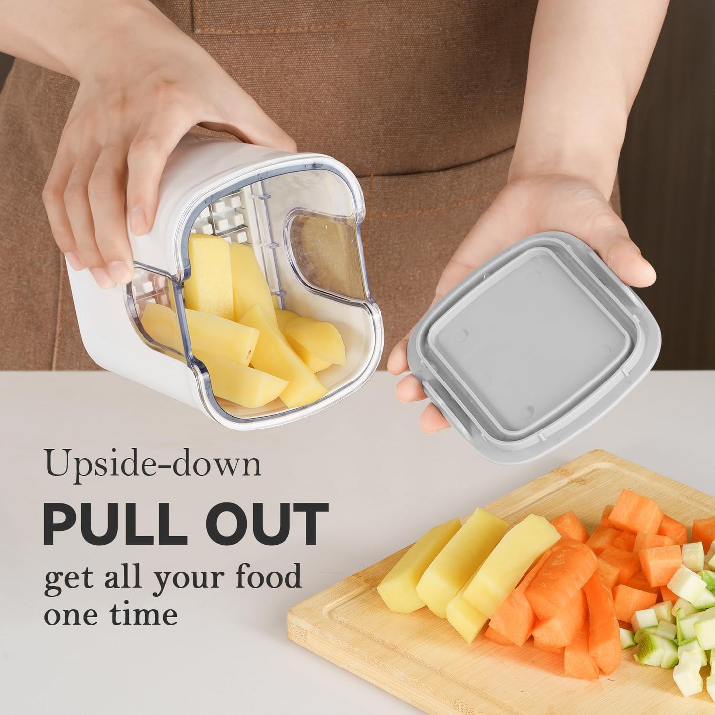 KEOUKE Multifunctional Vegetable Chopper Bowl White - 3 Interchangeable Blades Potato French Fry Cutter with Container & Storage Box Food Chopper Dicer for Cucumber, Tomato, Carrot, Onion