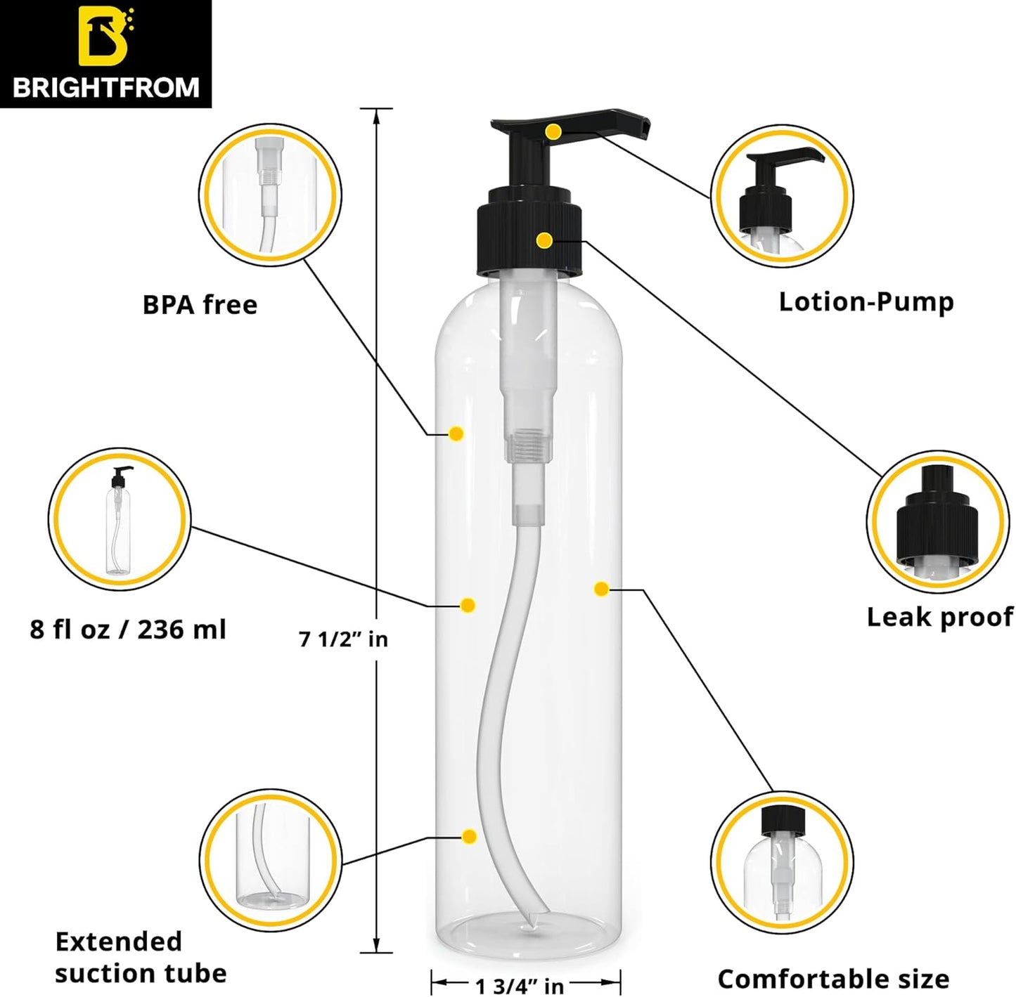 BRIGHTFROM Lotion Pump Bottles, Empty 8 OZ, BPA-Free Refillable Plastic Containers, Amber with Black Dispenser for - Soap, Shampoo, Lotions, Liquid Body Soap, Creams and Massage Oil (2 Pack)
