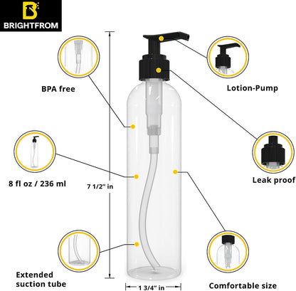BRIGHTFROM Lotion Pump Bottles, Empty 8 OZ, BPA-Free Refillable Plastic Containers, Amber with Black Dispenser for - Soap, Shampoo, Lotions, Liquid Body Soap, Creams and Massage Oil (2 Pack)