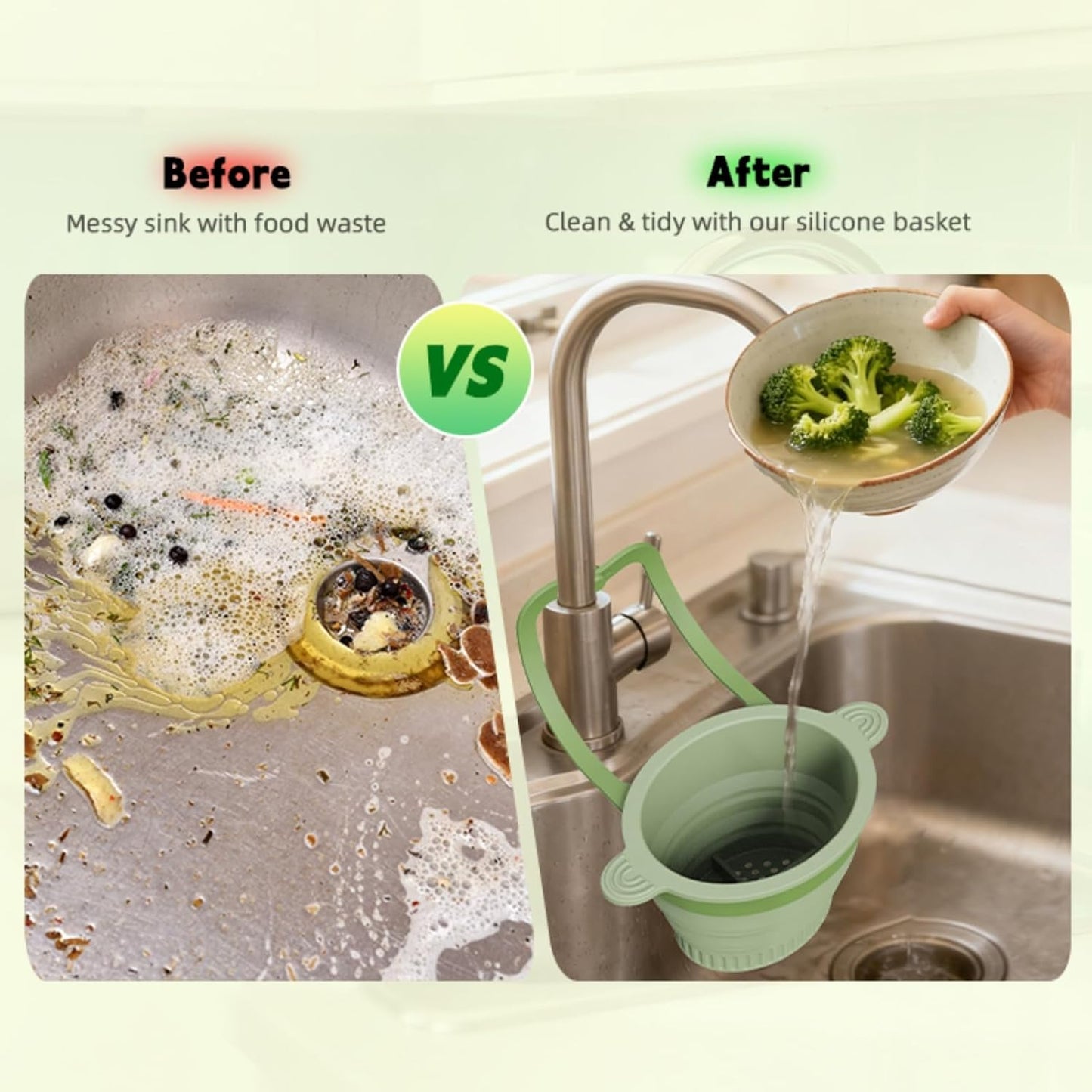 Silicone Faucet Hanging Strainer, Collapsible & Foldable Drain Basket for Sink, Hanging Food Catcher with Faucet Clip, Easy Storage Vegetable Fruit Colander