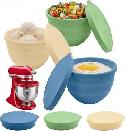 3 Pack Silicone Bowl Liners with Lids for KitchenAid 5QT Tilt Head Mixer, Collapsible Food-Grade Bowl Inserts, Thick Heat/Cold Resistant Silicone Mixing Bowl Liners