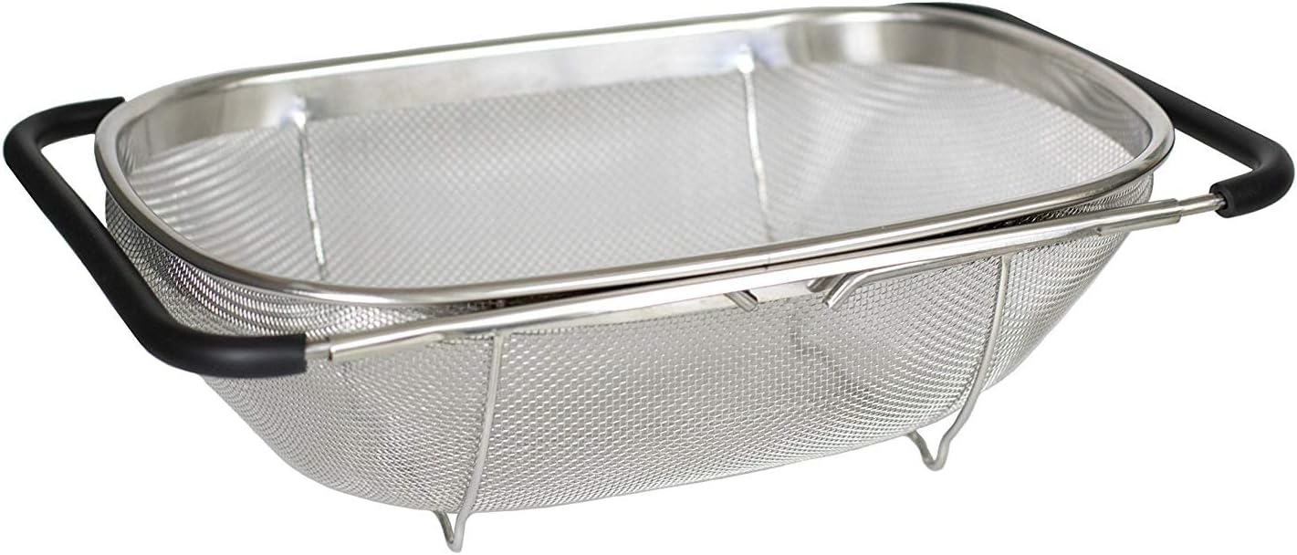 i Kito Over the Sink Colander with Expandable Rubber Grip Handles - Fine Mesh Oval Strainer in Stainless Steel -Drain, Rinse Fruits and Vegetables