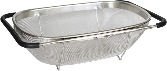 i Kito Over the Sink Colander with Expandable Rubber Grip Handles - Fine Mesh Oval Strainer in Stainless Steel -Drain, Rinse Fruits and Vegetables