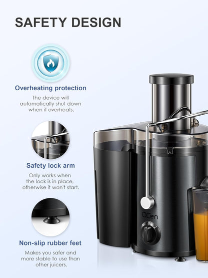 Qcen Juicer Machine, 500W Centrifugal Juicer Extractor with Wide Mouth 3” Feed Chute for Fruit Vegetable, Easy to Clean, Stainless Steel, BPA-free (Black)