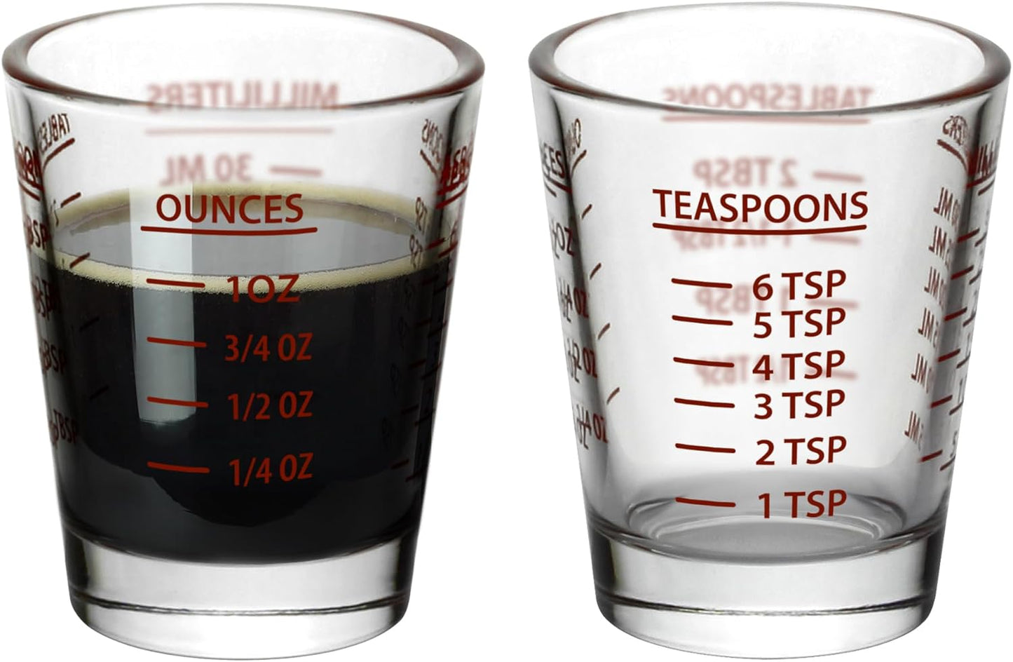 Versatile Heavy-Duty Glass Measuring Shot Glasses - Easy Read for Cooking, Espresso, and Medicine, 1 Ounce, 6 Teaspoons, 2 Tablespoons, 30Milliliters, Dishwasher Safe, 2-Pack