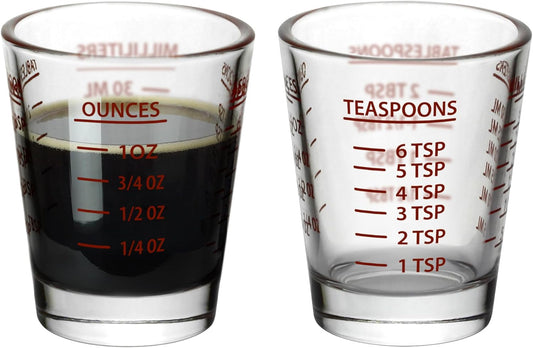 Versatile Heavy-Duty Glass Measuring Shot Glasses - Easy Read for Cooking, Espresso, and Medicine, 1 Ounce, 6 Teaspoons, 2 Tablespoons, 30Milliliters, Dishwasher Safe, 2-Pack