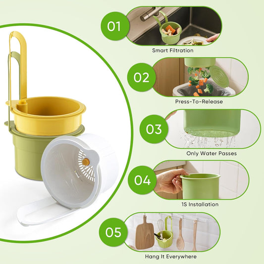 Hanging Food Waste Catcher for Sink, Sink Strainer Basket with Press Dumping, Self-Cleaning Design – Food Strainer for Sink, Faucet-Mounted Trash Catcher for Kitchen (Green)