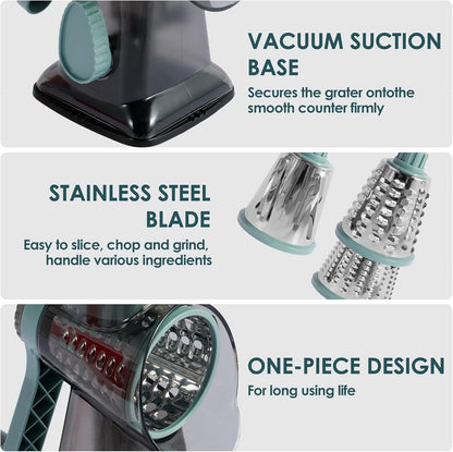 Rotary Cheese Grater with Handle, Shredder Slicer Grinder 3 Stainless Steel Blades Manual Cheese Cutter Hand Crank Graters for Kitchen Potato Zucchini Carrot Potato Vegetable Nuts Chocolate