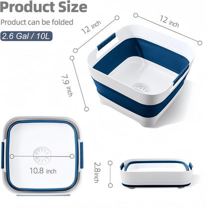 2.6 Gal/10L Collapsible Wash Basin with Drain Plug, Portable Foldable Dish Tub, Large Capacity Space-Saving Sink for Baby Bottles, RV, Camping, Kitchen, Travel & Outdoor Use