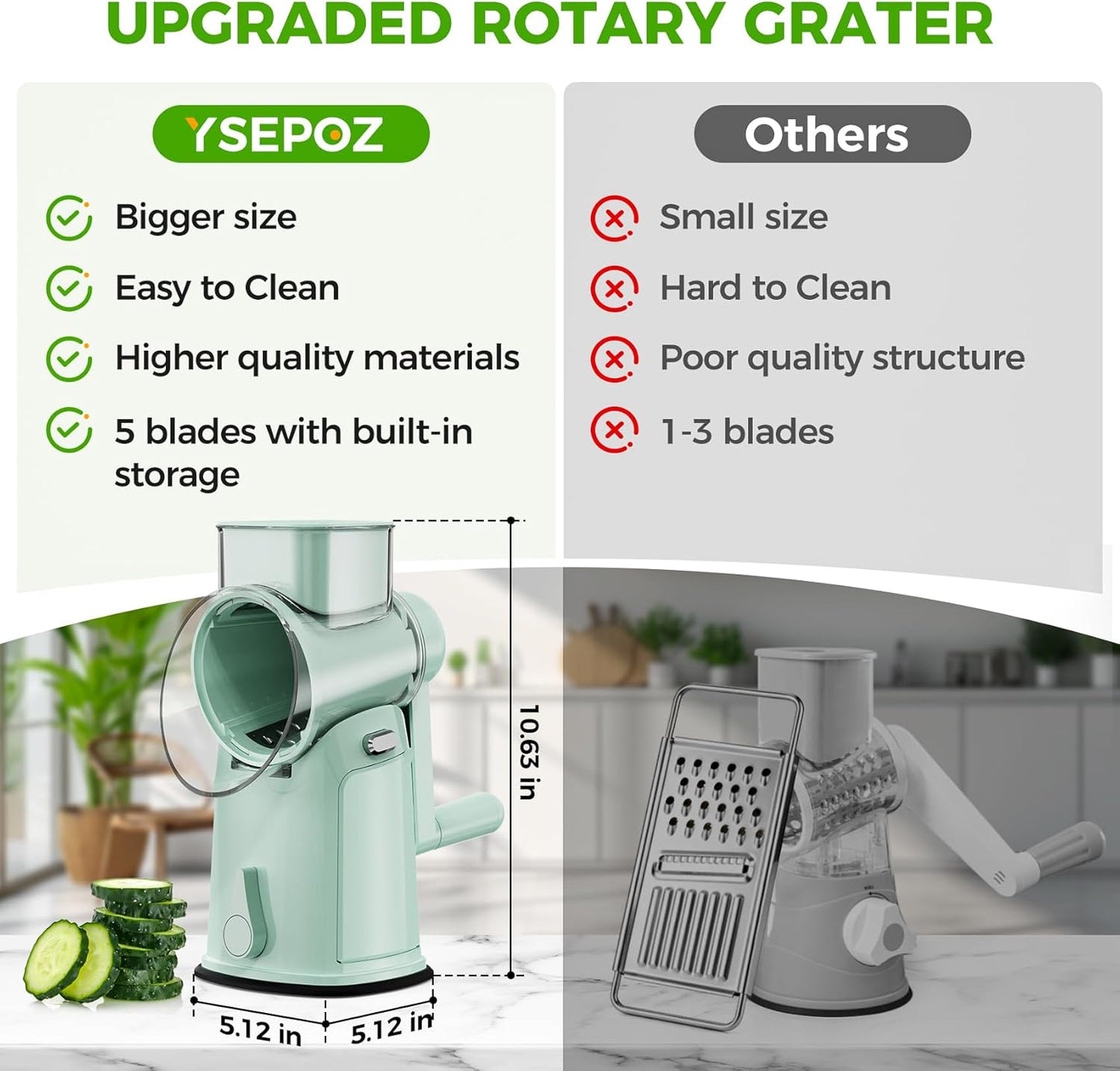 7 IN 1 Upgraded Rotary Cheese Grater with Handle – Vegetable Shredder with Built-in Storage Blade Slot, 5 Versatile Blades, Strong Suction Base Round Mandoline Slicer, Food Chopper for Kitchen