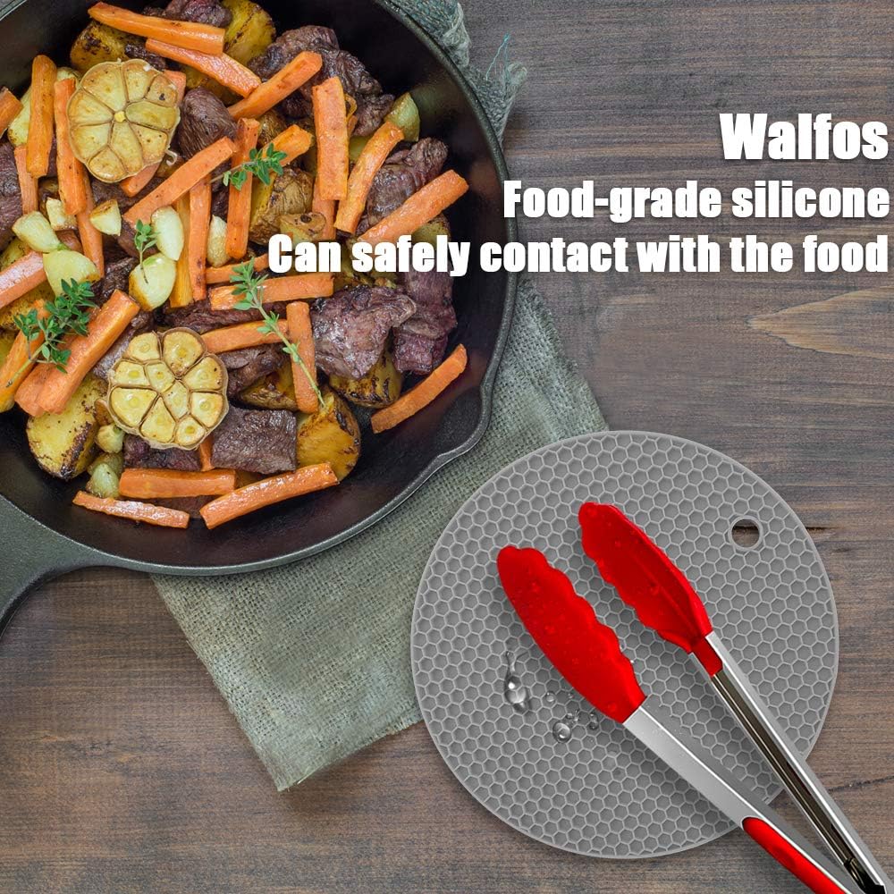 Walfos Silicone Trivet Mats - 4 Heat Resistant Pot Holders, Multipurpose Non-Slip Hot Pads for Kitchen Potholders, Hot Dishers, Jar Opener, Spoon Holder, Food Grade Silicone & BPA Free (Black)