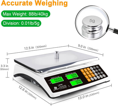 Price Computing Scale 88lb/40kg Commercial Food Scale for Produce Meat with Stainless Steel Large Platform, LCD Display, and Green Bright Backlight for Farmers Markets, Deli, （Not for Trade）