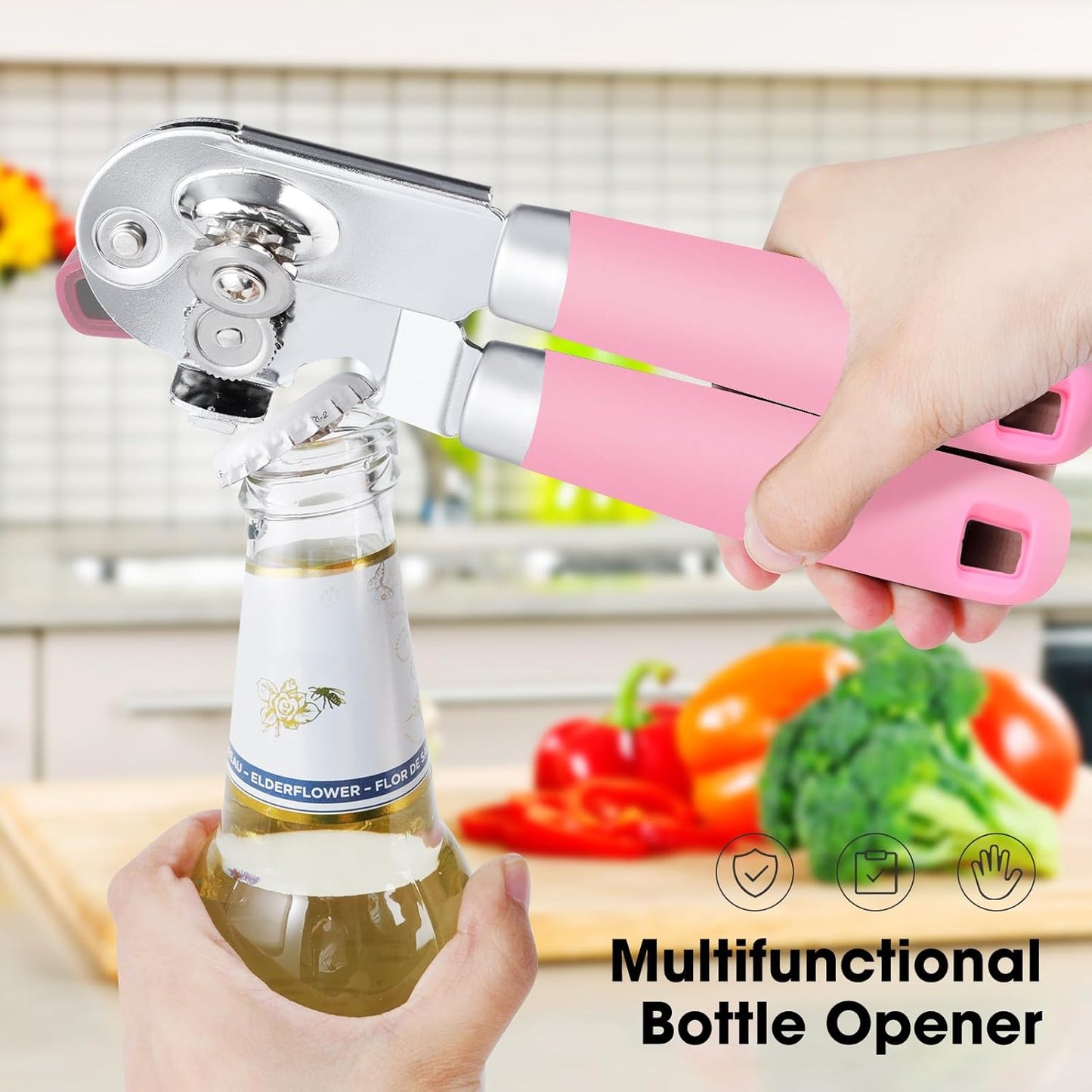 Beneno Heavy Duty Hand Can Opener Manual with Magnet, Durable Sharp Carbon Steel Blade Smooth Cutting, Big Effort-Saving Knob & Soft Grip Handle, Multifunctional Kitchen Tool with Bottle Opener, Green