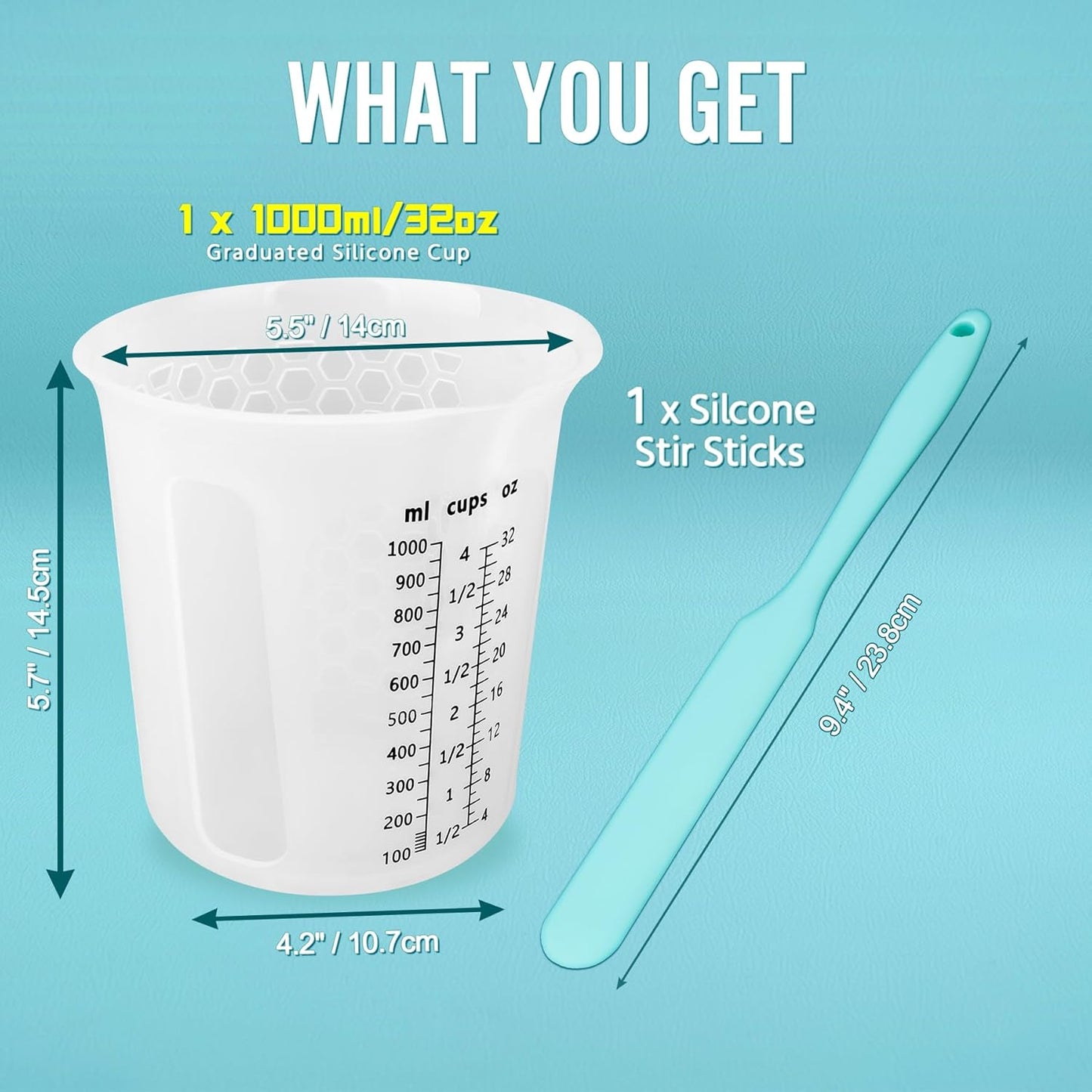 Silicone Resin Mixing Measuring Cups for Resin Supplies, Easy-to-read Marks, 600ml/20oz Bowl, 250&100ml Thickened Reusable Silicone Cups for Epoxy Mixing, with Stir Sticks, Jewelry Making