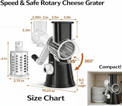 Stainless Steel Rotary Cheese Grater, Hand Crank Vegetable Shredder, food grater & Slicer — 3-in-1 Stainless Steel Blades for Parmesan, Cheese & Nuts, Suction Base, BPA-Free