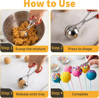 Cake Pop Scoop Stainless Steel, 2-Pack Cake Ball Maker, Non-Slip Handle Used for Cake Sticks and Cookie Dough, Quick Scooping and Shaping, One Large and One Small Product Non-Stick Food Spoon