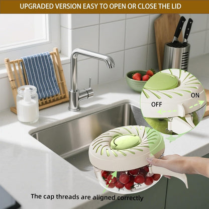 Upgraded Fruit Washing Bowl with Strainer,BPA-Free Drain Basket for Lid & Ice Compartment,Multifunctional Fruit Washer,Foldable Handle Strainer and Colander for Fridge Storage or Picnic Camping(1 QT)